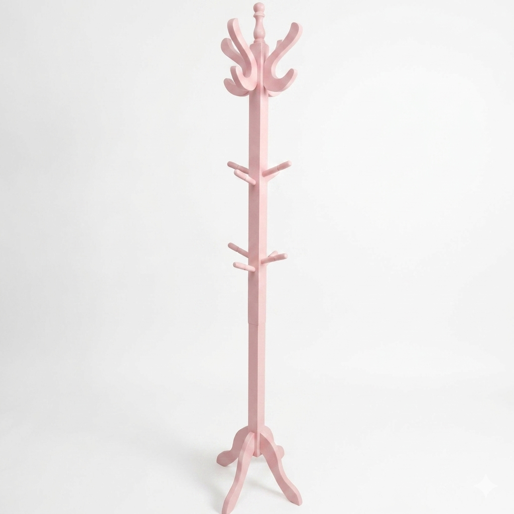 Perchero de Pie Rosa Pastel – 1.75 m, Madera Pino, Semibrillante Laqueado con Protección Antiácaros