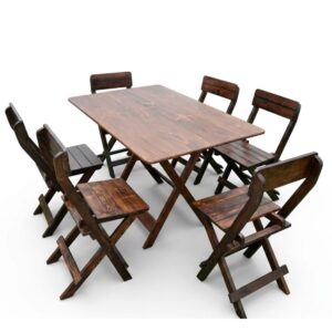 Juego de Mesa Plegable de Madera Pino con 6 Sillas – Color Marrón, Comedor Ahorrador de Espacio