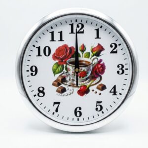 Reloj de Pared Rose Coffee Elegance Decorativo de 25 cm – Diseño Floral con Taza y Chocolates