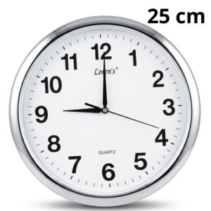 Reloj de Pared Redondo Analógico 25 cm – Borde Plateado, Fondo Blanco